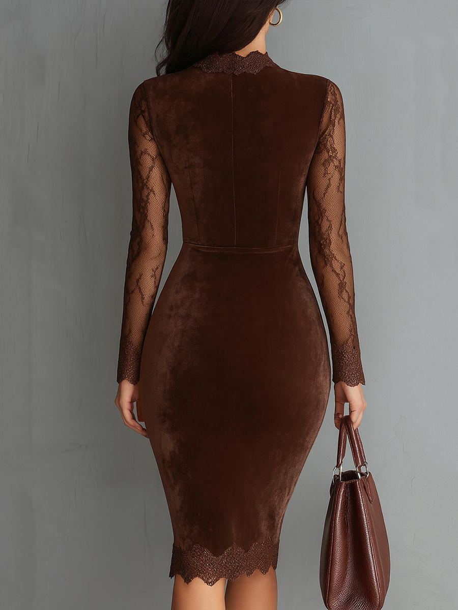 Vintage mini-jurk van fluweel met keyhole-hals, kanten mouwen