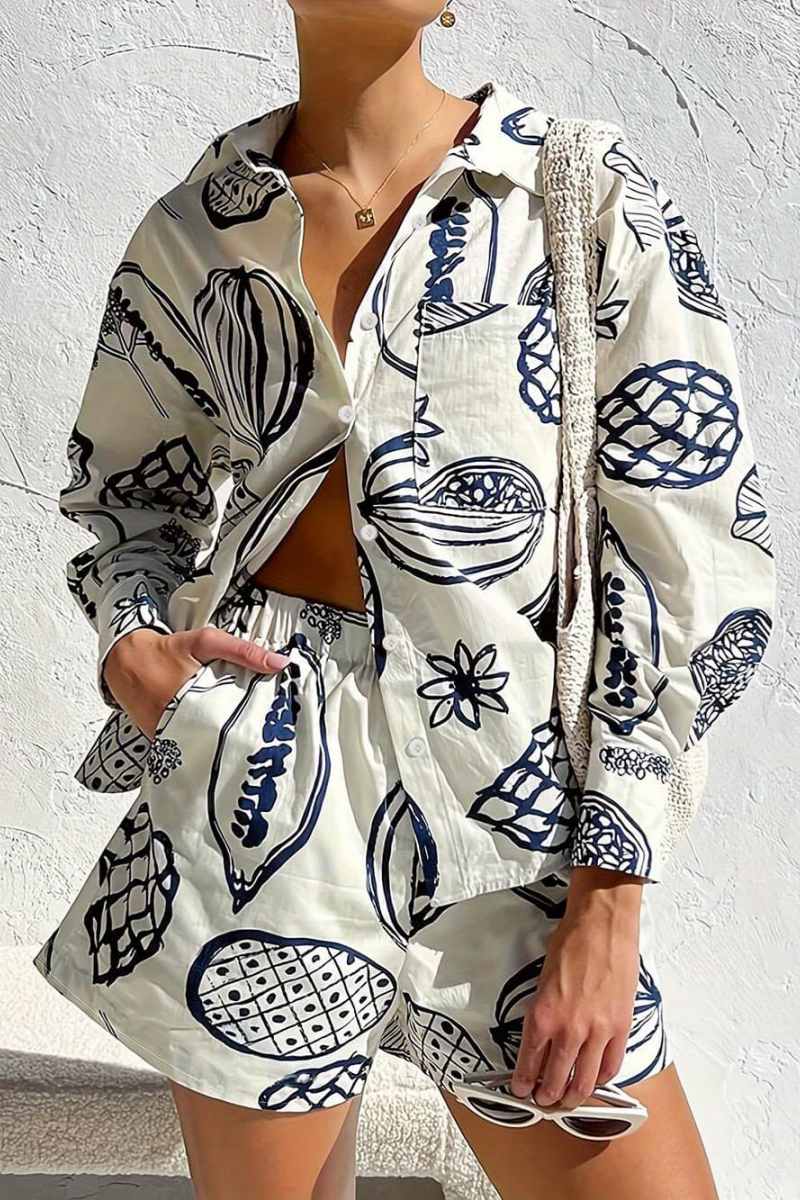 Zestaw luźnych spodenek koszulowych z letnim nadrukiem w owoce