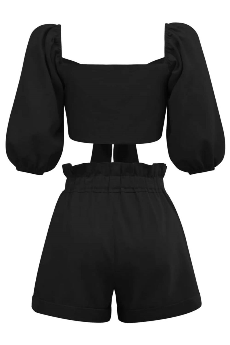 린넨 랩 프론트 타이 퍼프 슬리브 반바지 세트