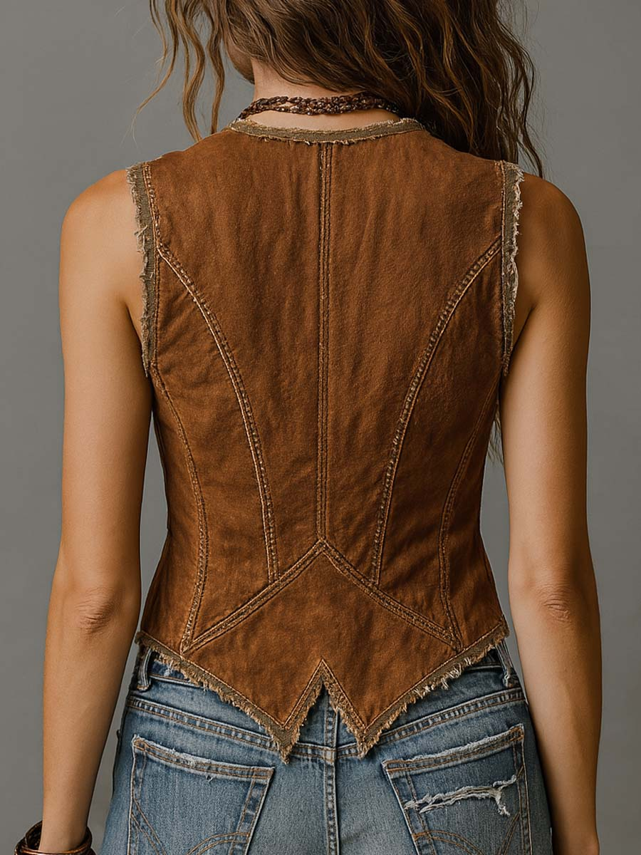Gewassen karamel denim vest met messing knoop en stiksels