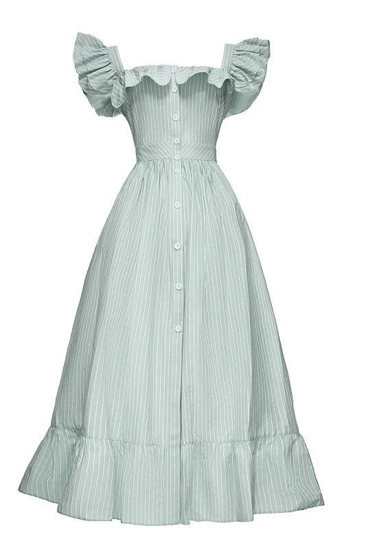 Striped Ruffled Square Neck Midi Dress