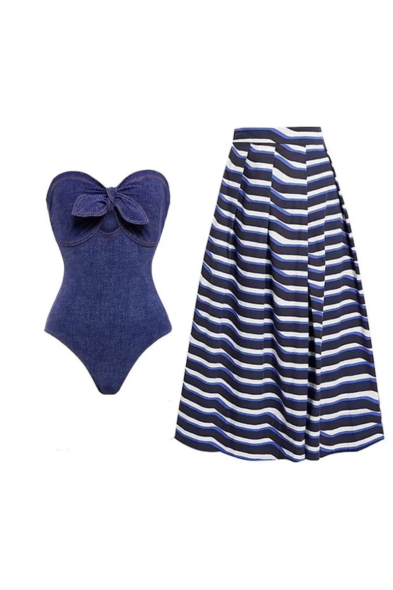 Denim Bandeau One Piece Swimsuit Set