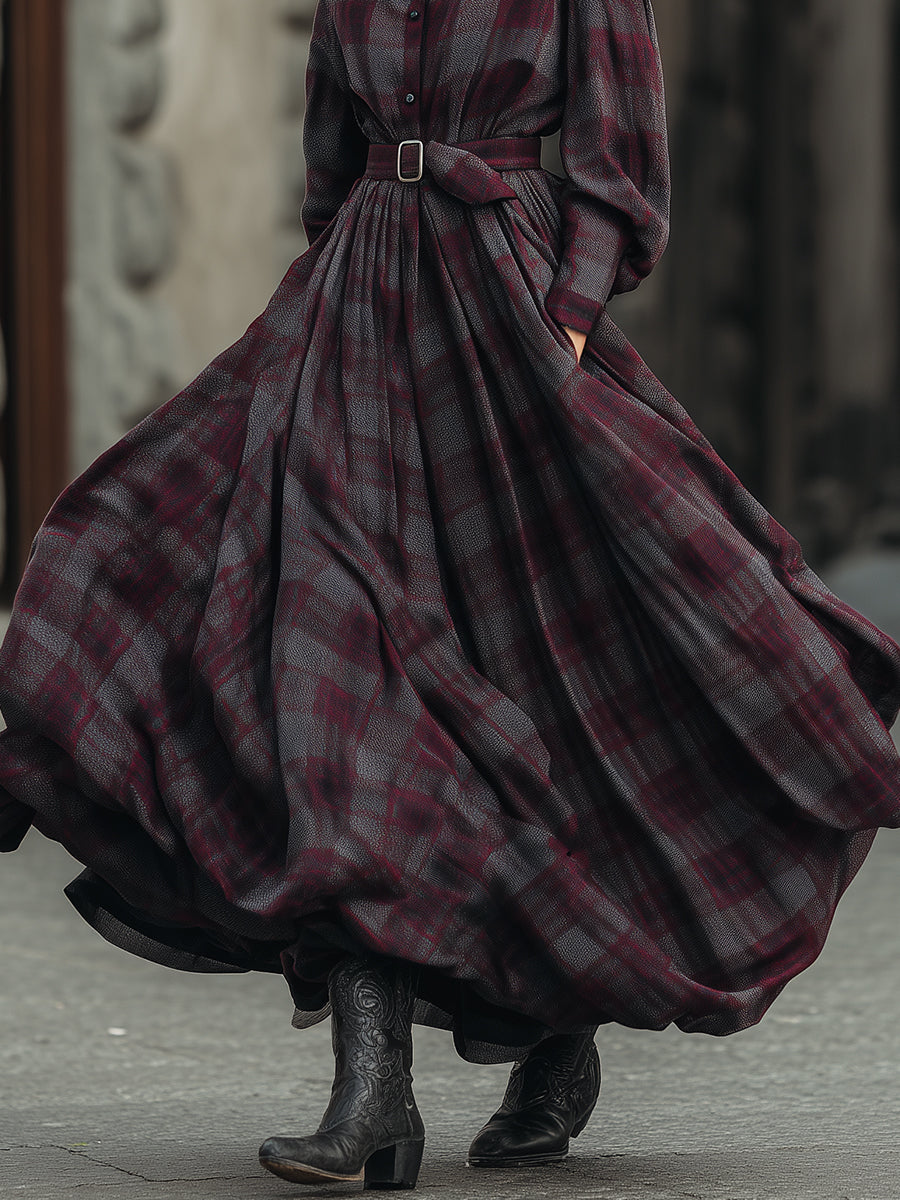 Robe longue élégante rétro à carreaux avec manches lanterne et ceinture