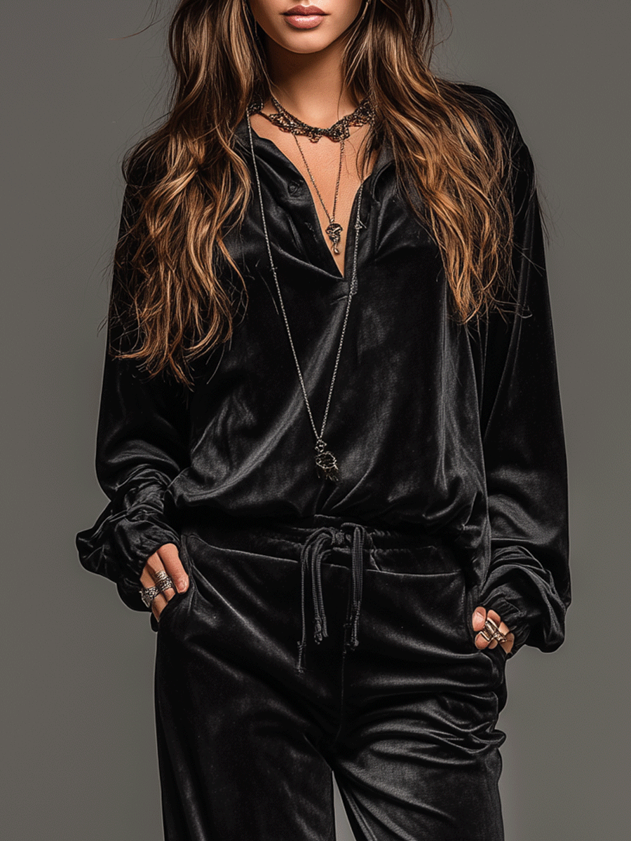 Klassisches, legeres schwarzes Samt-Hemd und Hose mit weitem Bein Set
