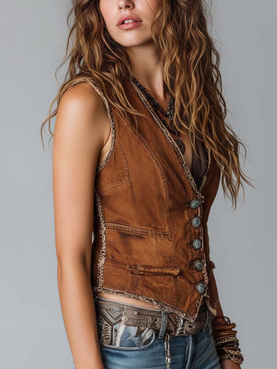 Gewassen karamel denim vest met messing knoop en stiksels