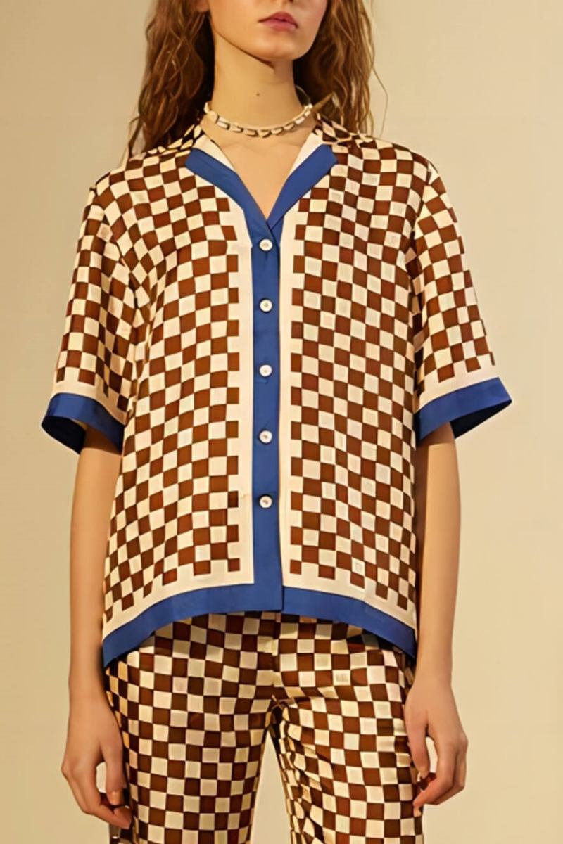 Einzigartiges, lockeres, elastisches Hosen-Set mit Schachbrettmuster und blauen Streifen