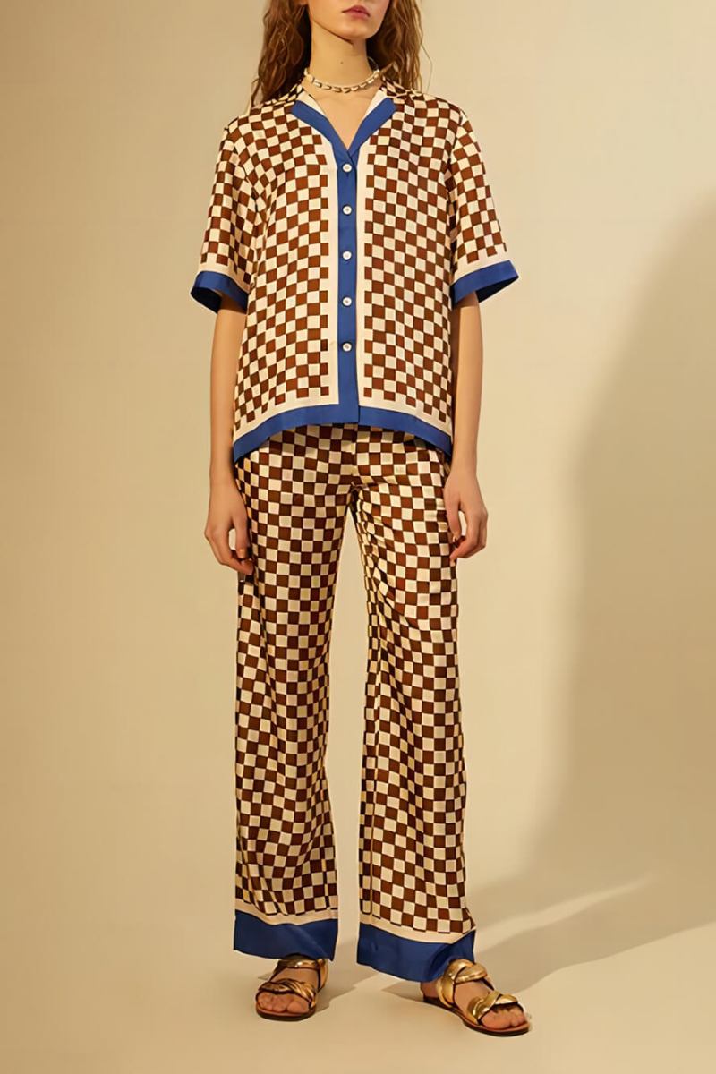 Einzigartiges, lockeres, elastisches Hosen-Set mit Schachbrettmuster und blauen Streifen