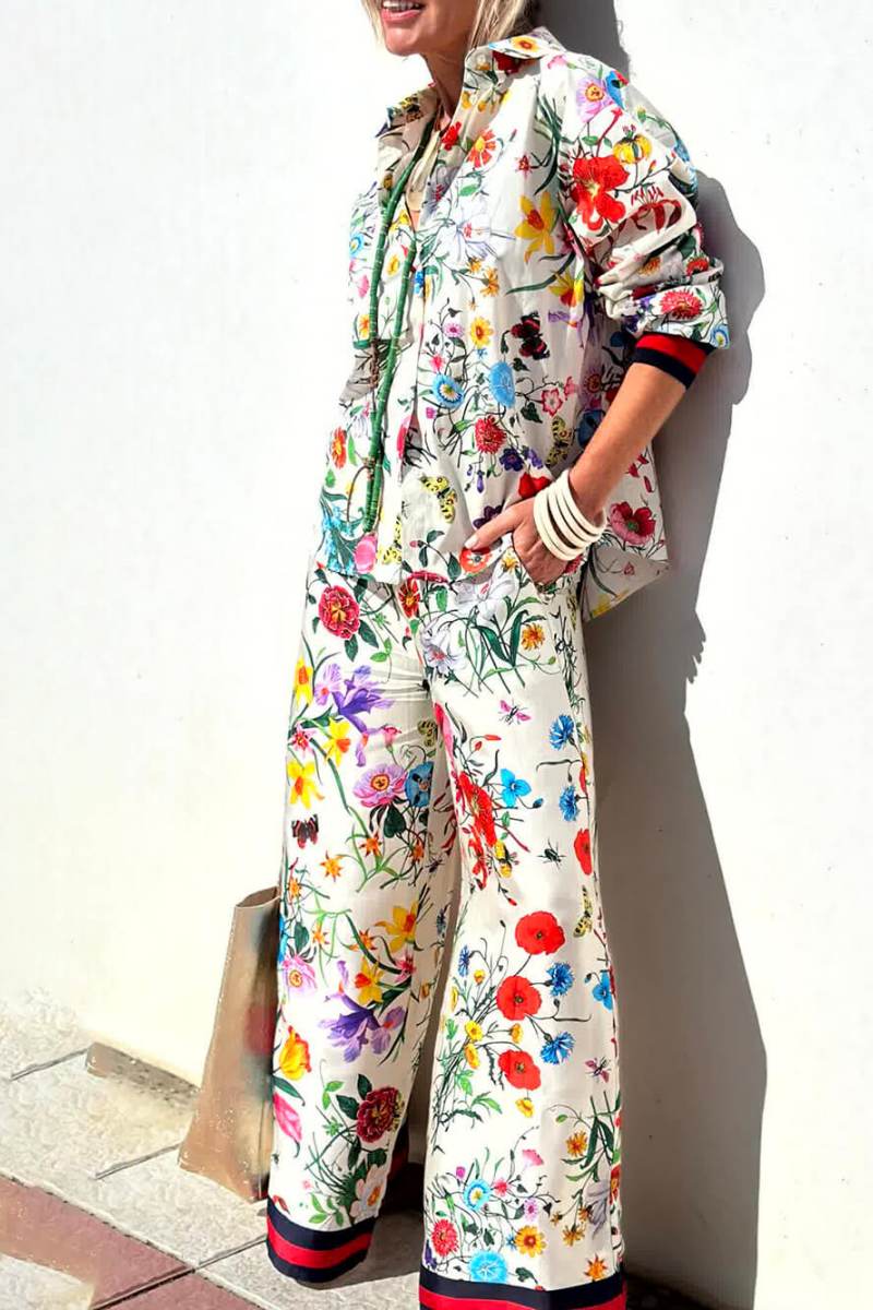 Blummen Eenzegaarteg Drécken elastesche Taille Pocketed Wide Leg Hosen-Set
