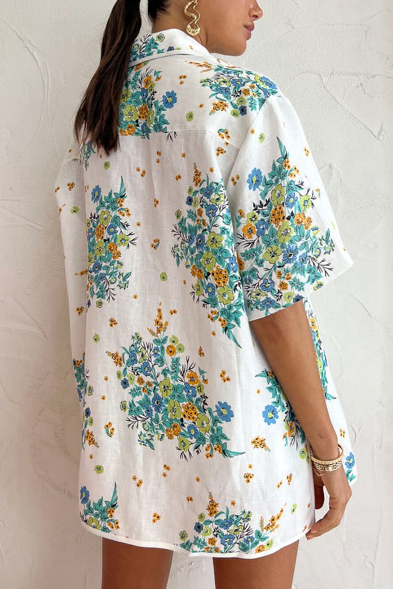 Floral Print Elfenben Trim lommebluse og rygg elastiske shortssett