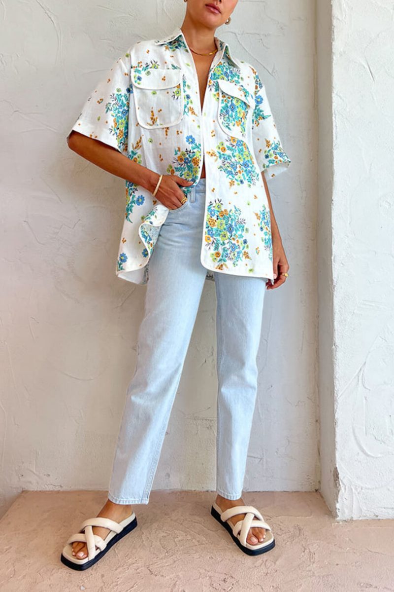 Floral Print Elfenben Trim lommebluse og rygg elastiske shortssett