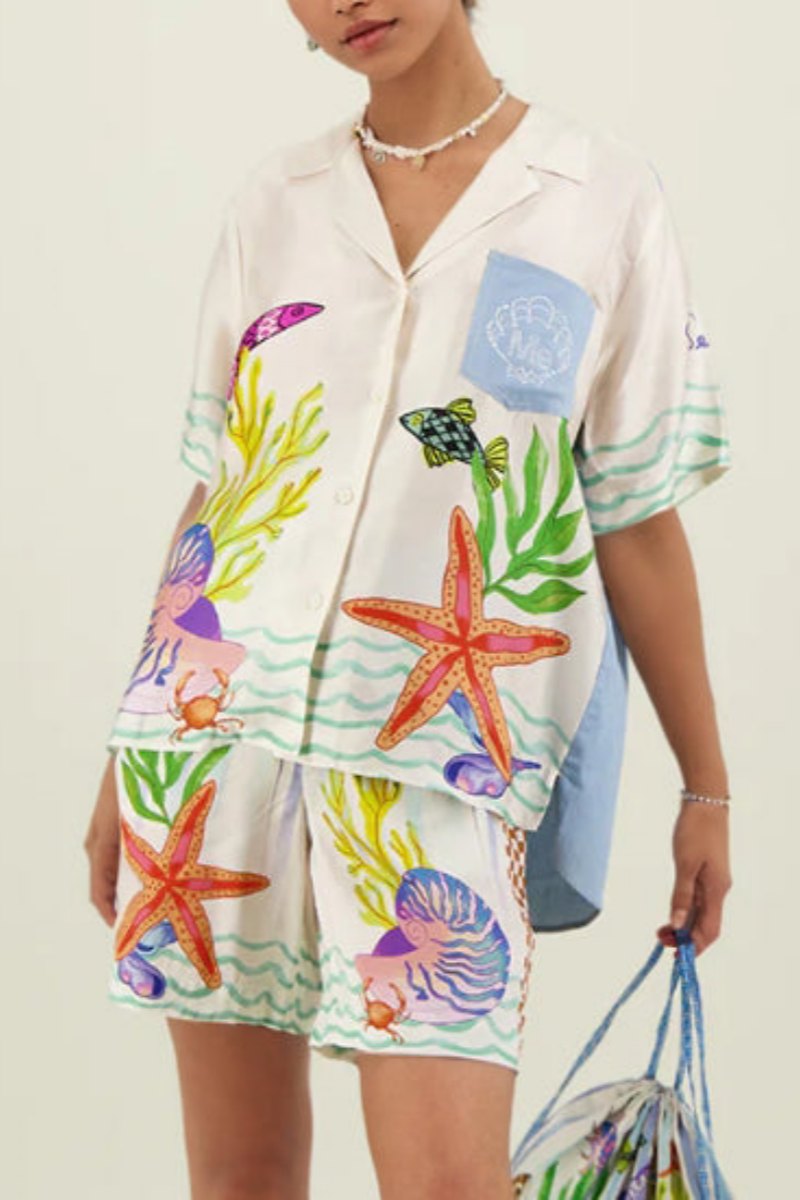 Eenzegaarteg Ocean Shell Drécken loose Shorts Zwee-Stéck Set