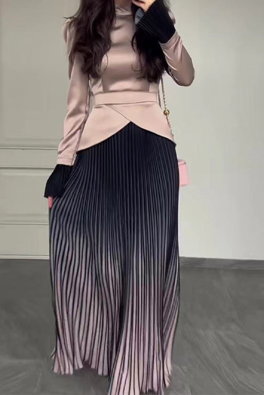 カラーブロックスプライシングスリムフィットレースアップ長袖マキシドレス