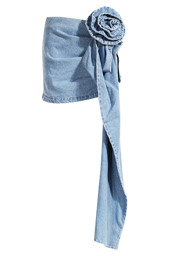 Saia Mini de Denim com Rosas 3D