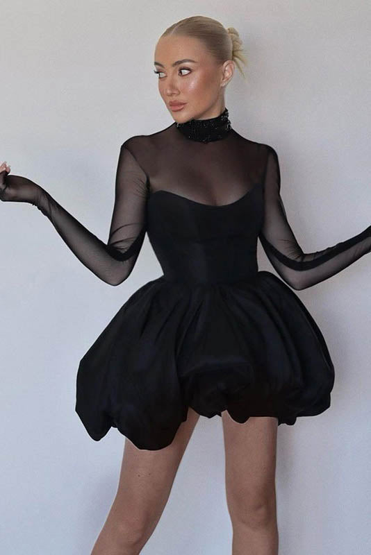 Winter Elegant Mesh Sheer Slim Fit Puff Mini Dress