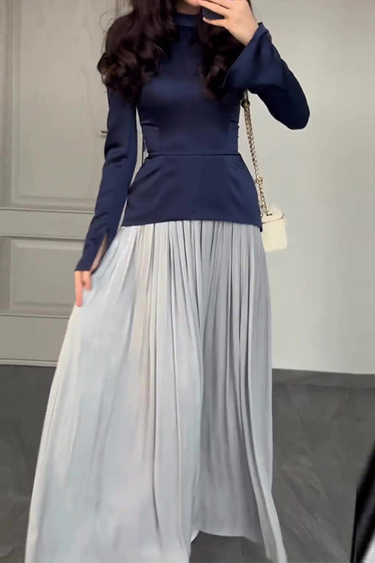 カラーブロックスプライシングスリムフィットレースアップ長袖マキシドレス