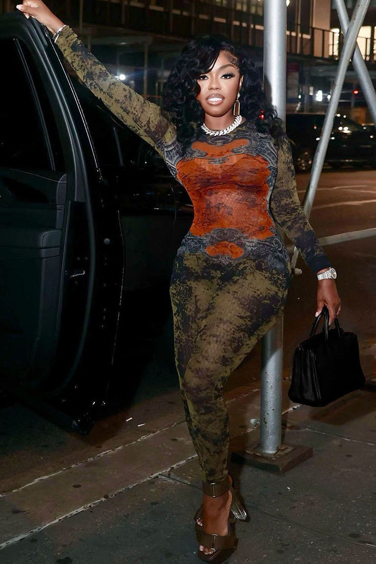 Edgy Baroque Camo Sheer Jumpsuit