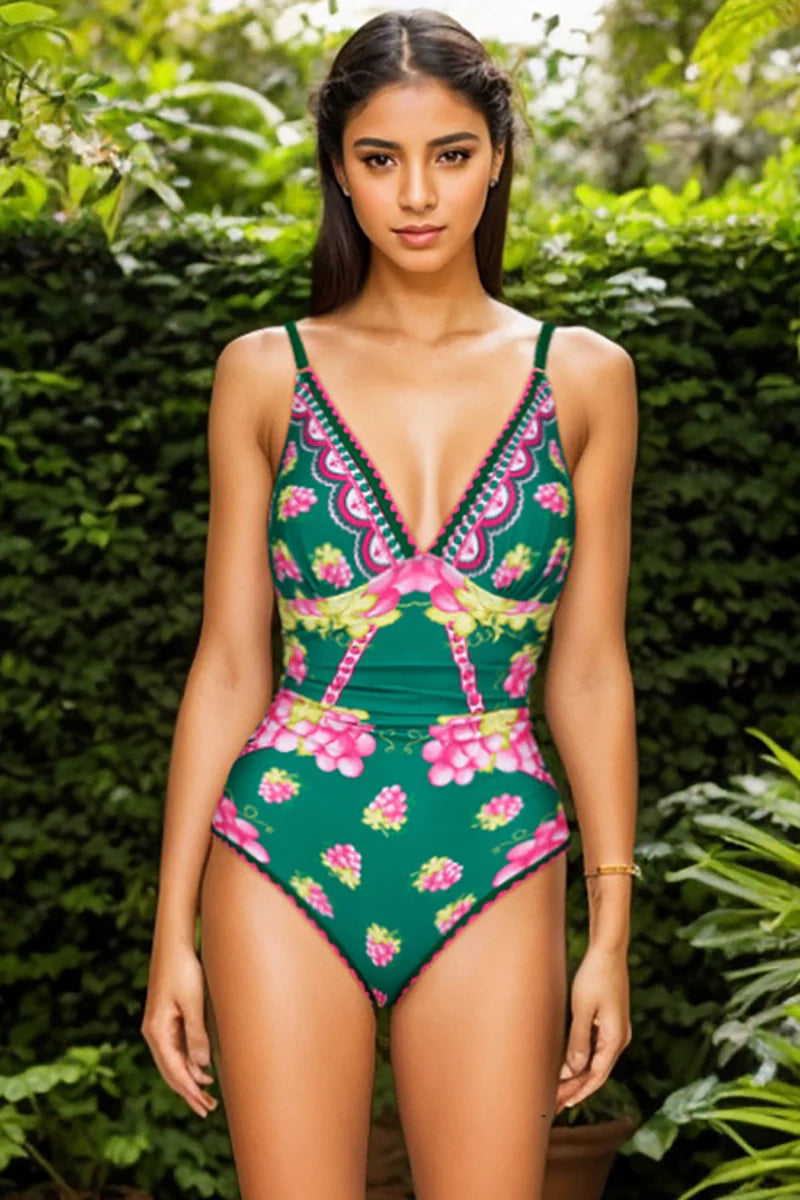 Deep V Spaghetti Strap Skirted Swimsuit Set