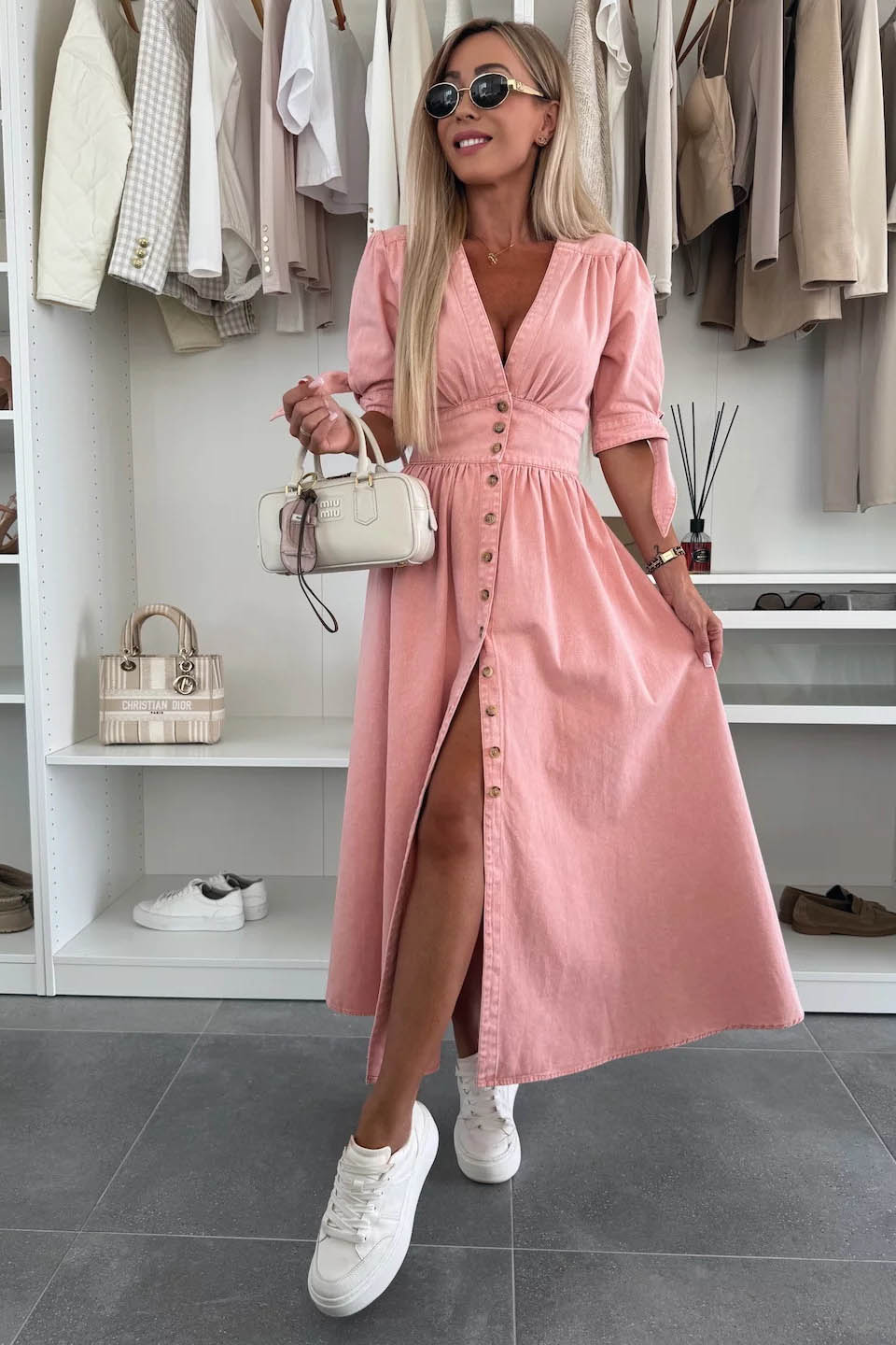 Minimalist V-Neck Buttoned Denim Gown