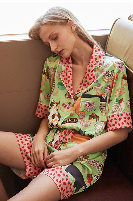 Pyjama-Set mit Shorts und Kaffeekatze