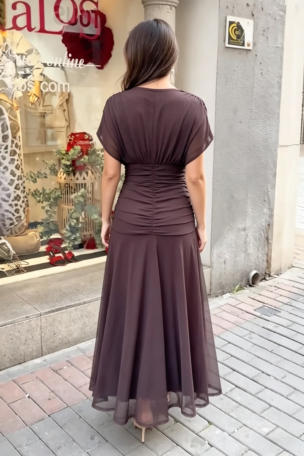 V-Ausschnitt Mesh Midikleid