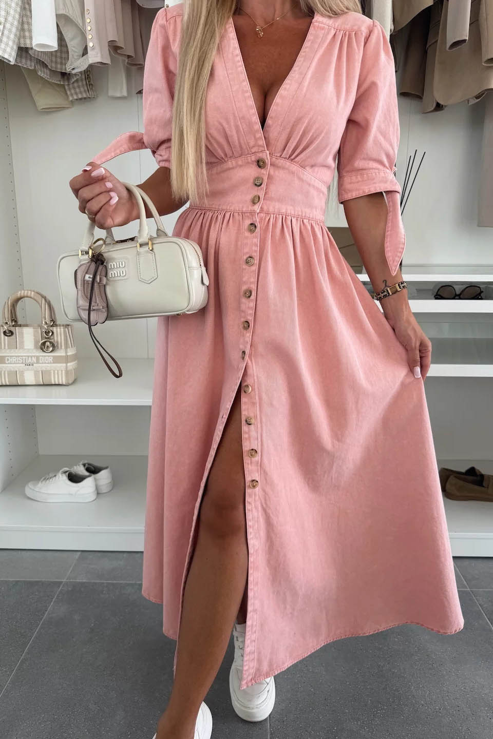 Minimalist V-Neck Buttoned Denim Gown