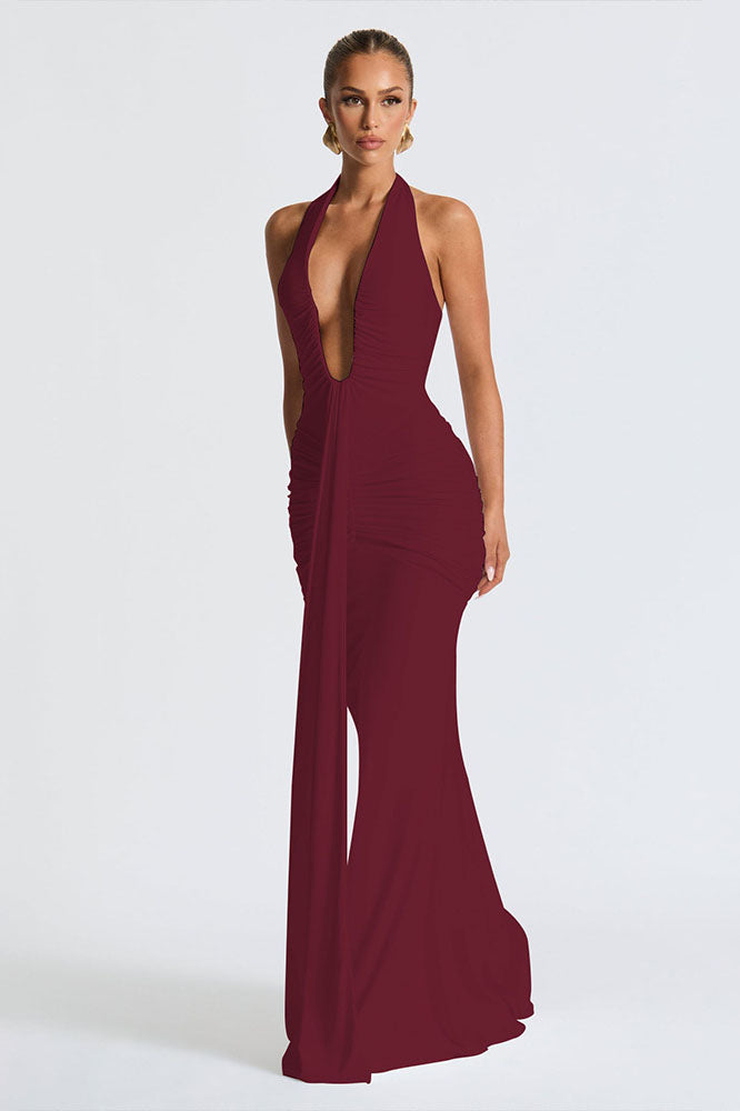 Halter Deep V Mermaid Maxi Dress