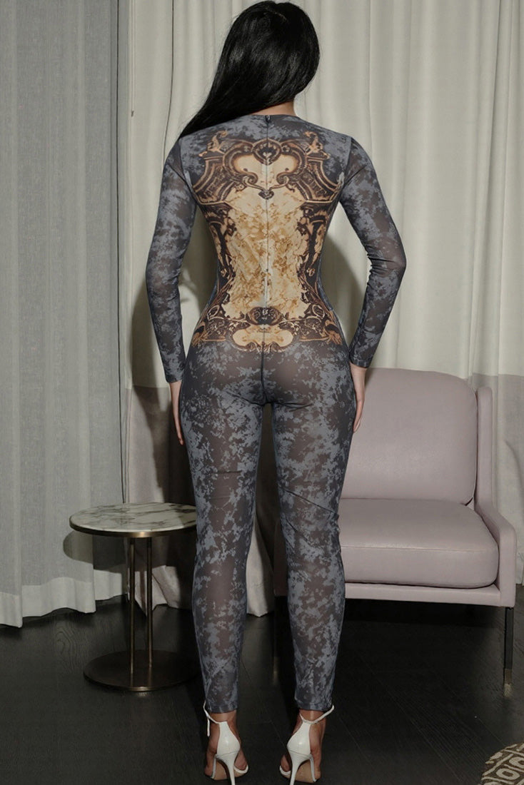 Edgy Baroque Camo Sheer Jumpsuit