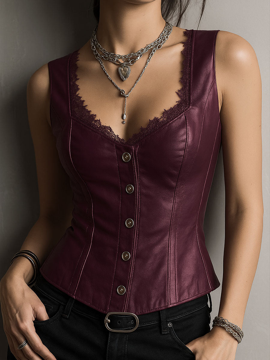 Gilet corset en cuir noir élégant avec bordure en dentelle