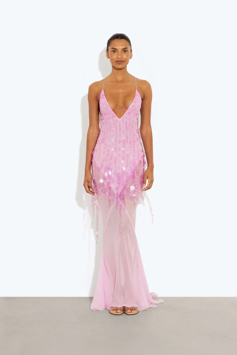 Vestido de punto midi con cuello alto y bordado de Donna