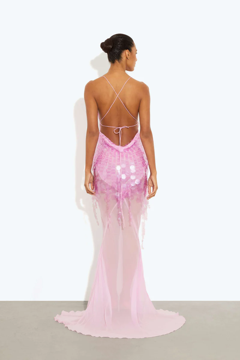 Vestido de punto midi con cuello alto y bordado de Donna