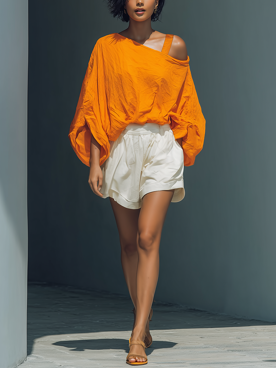 Orangen Top mat kalen ausgeschniddene Schëlleren aus Leinemmëschung & wäiss Rüschen-Shorts Set