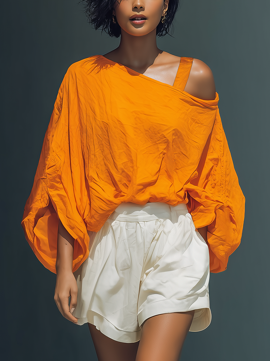 Orangen Top mat kalen ausgeschniddene Schëlleren aus Leinemmëschung & wäiss Rüschen-Shorts Set