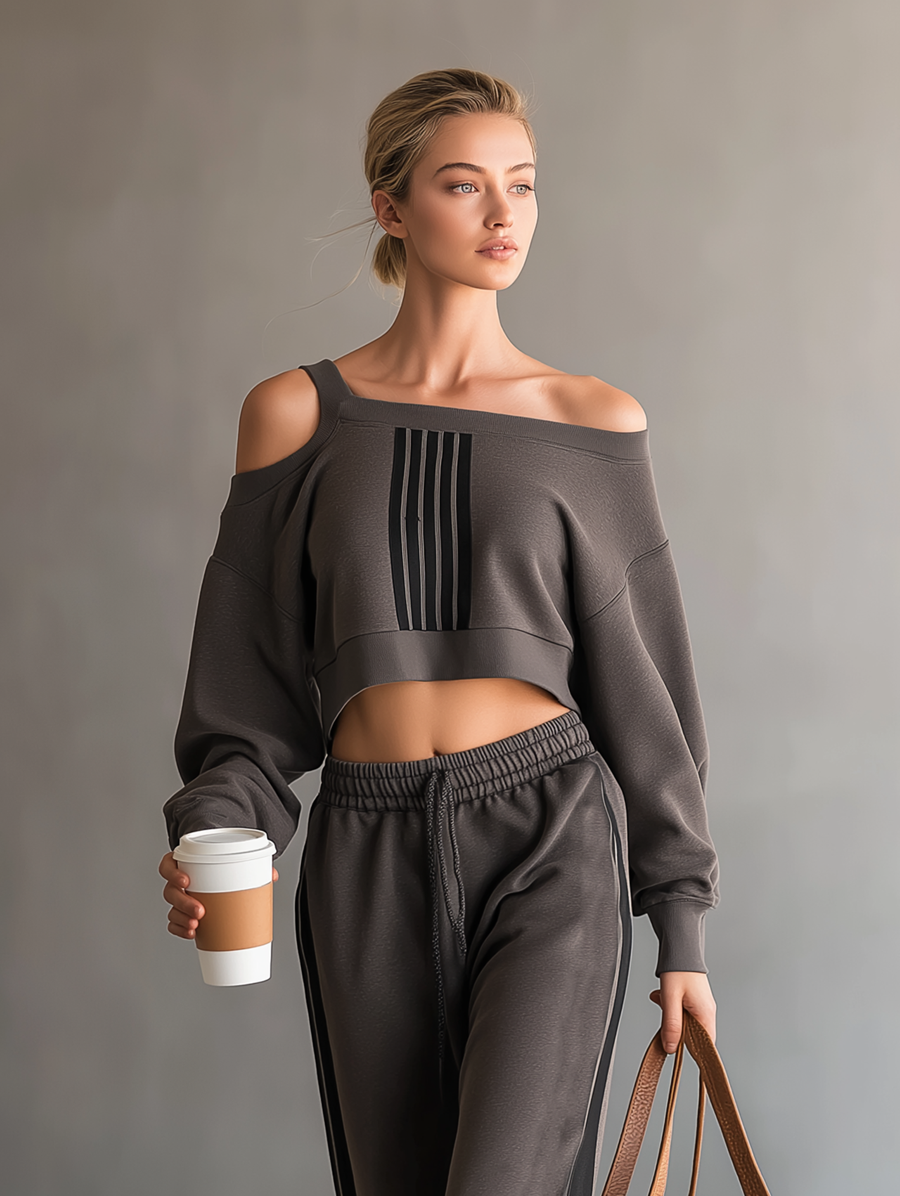 Off-shoulder cropped sweatshirt- og sweatpants-sæt
