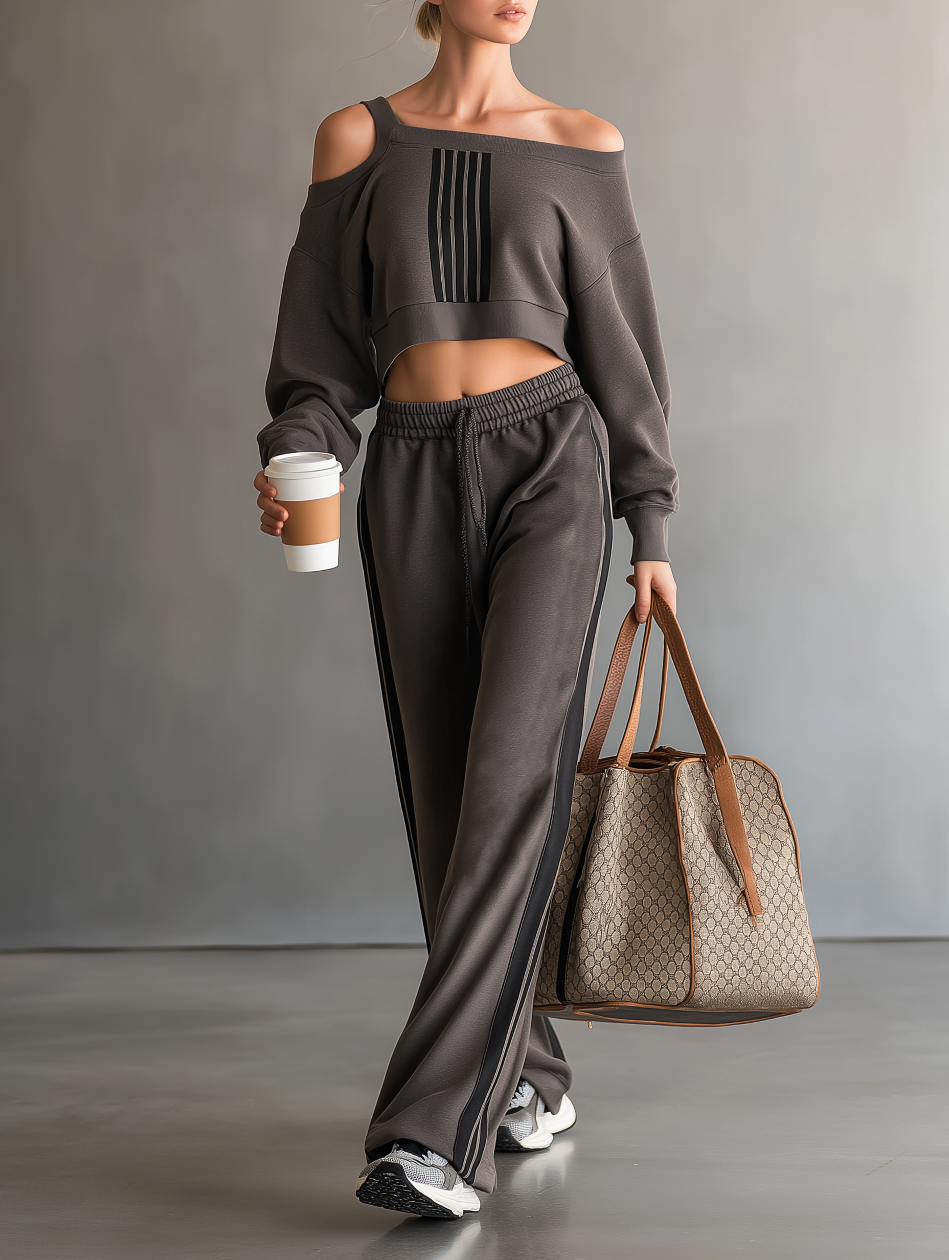 Off-shoulder cropped sweatshirt- og sweatpants-sæt