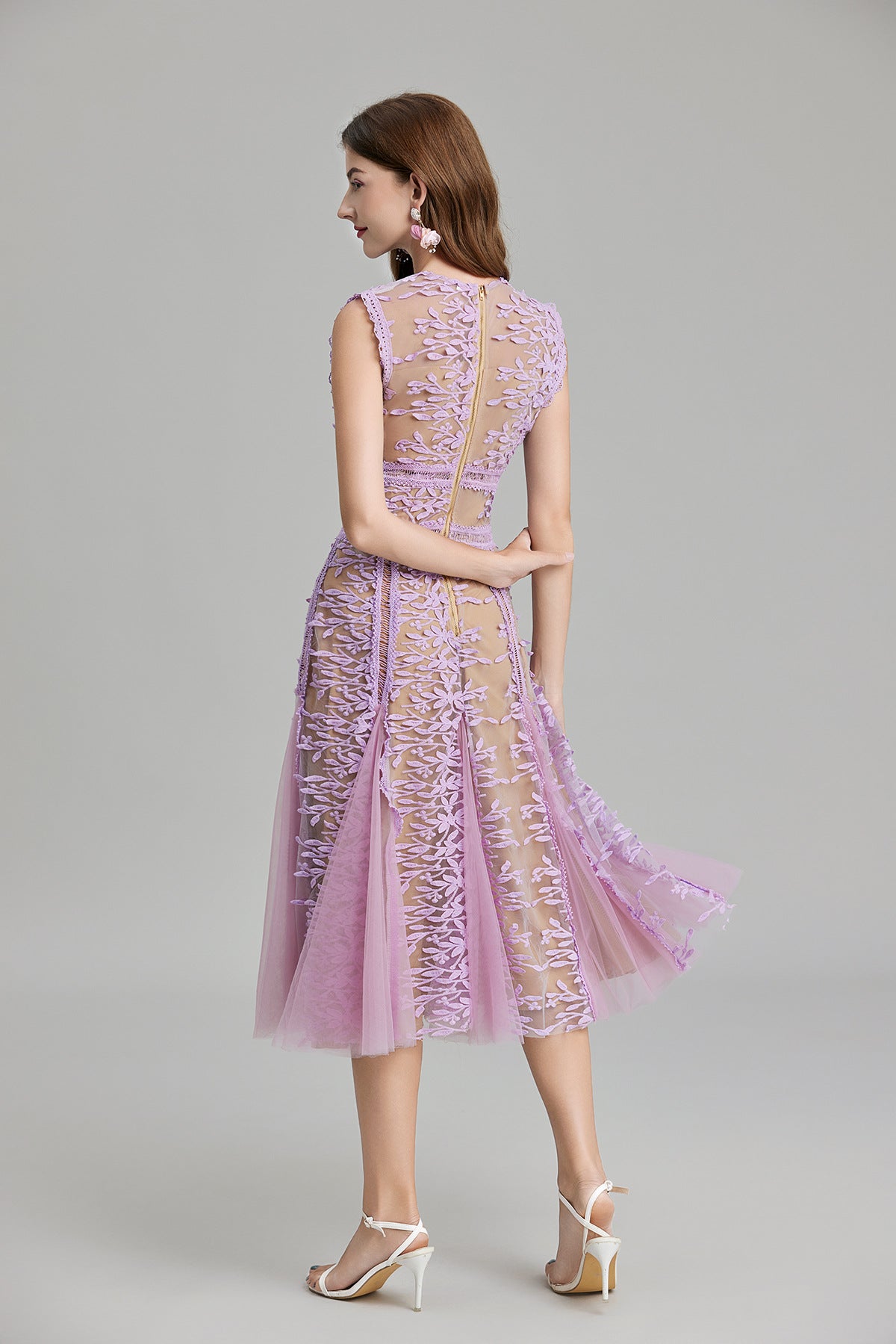 Maëlle Round Neck Mesh Embroidered Midi Dress In Beige
