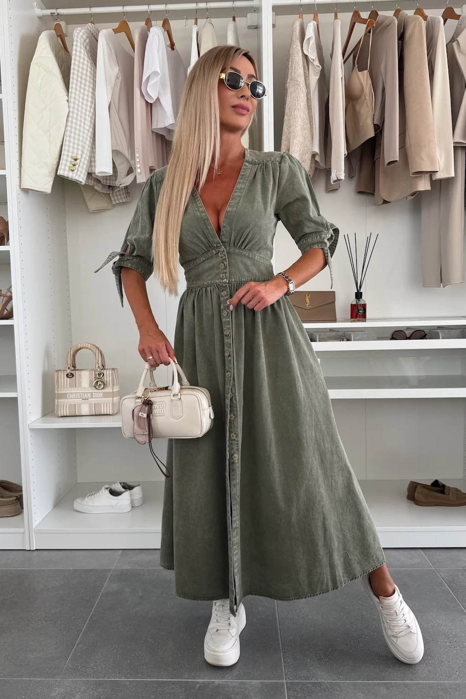 Minimalist V-Neck Buttoned Denim Gown