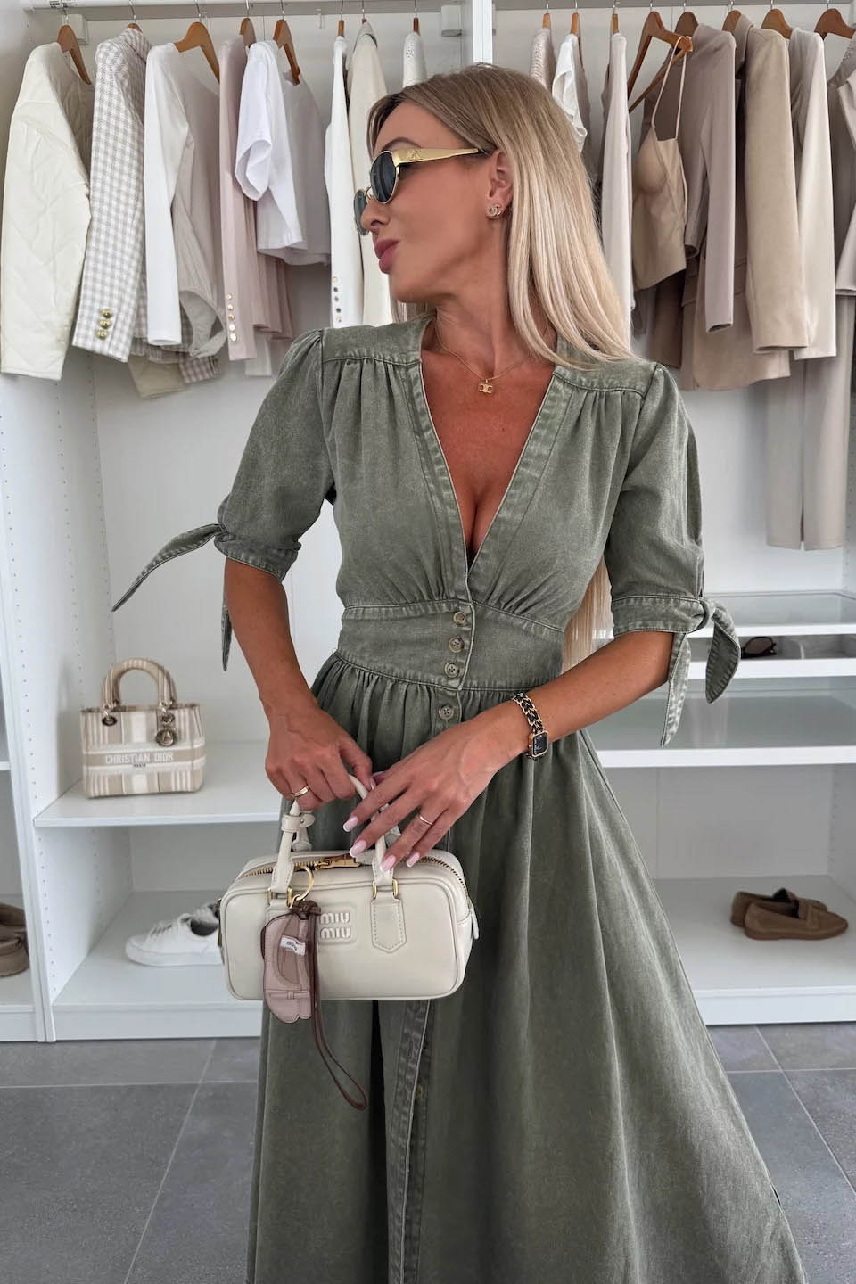 Minimalist V-Neck Buttoned Denim Gown