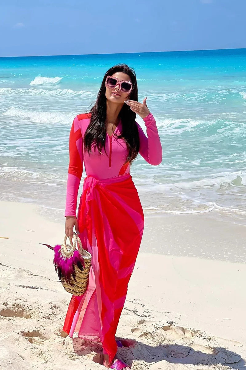 Colorblock Long Sleeve Surf Swimsuit Set