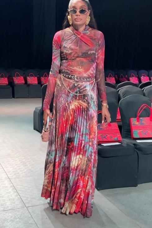 Red Multicolor Abstract Print Mesh Top & Pleated Skirt Set