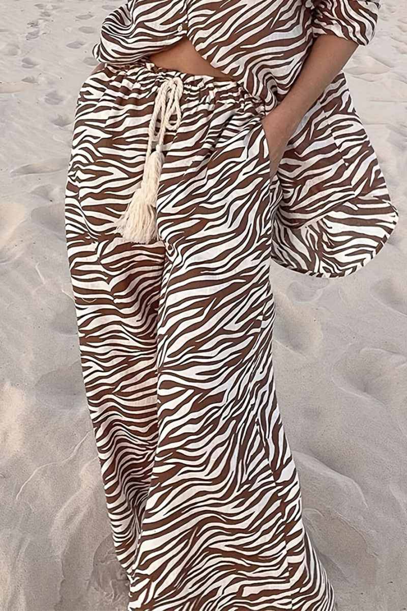 Ensemble pantalon ample à col ouvert et boutons, imprimé zèbre, cordon de serrage, jambes larges