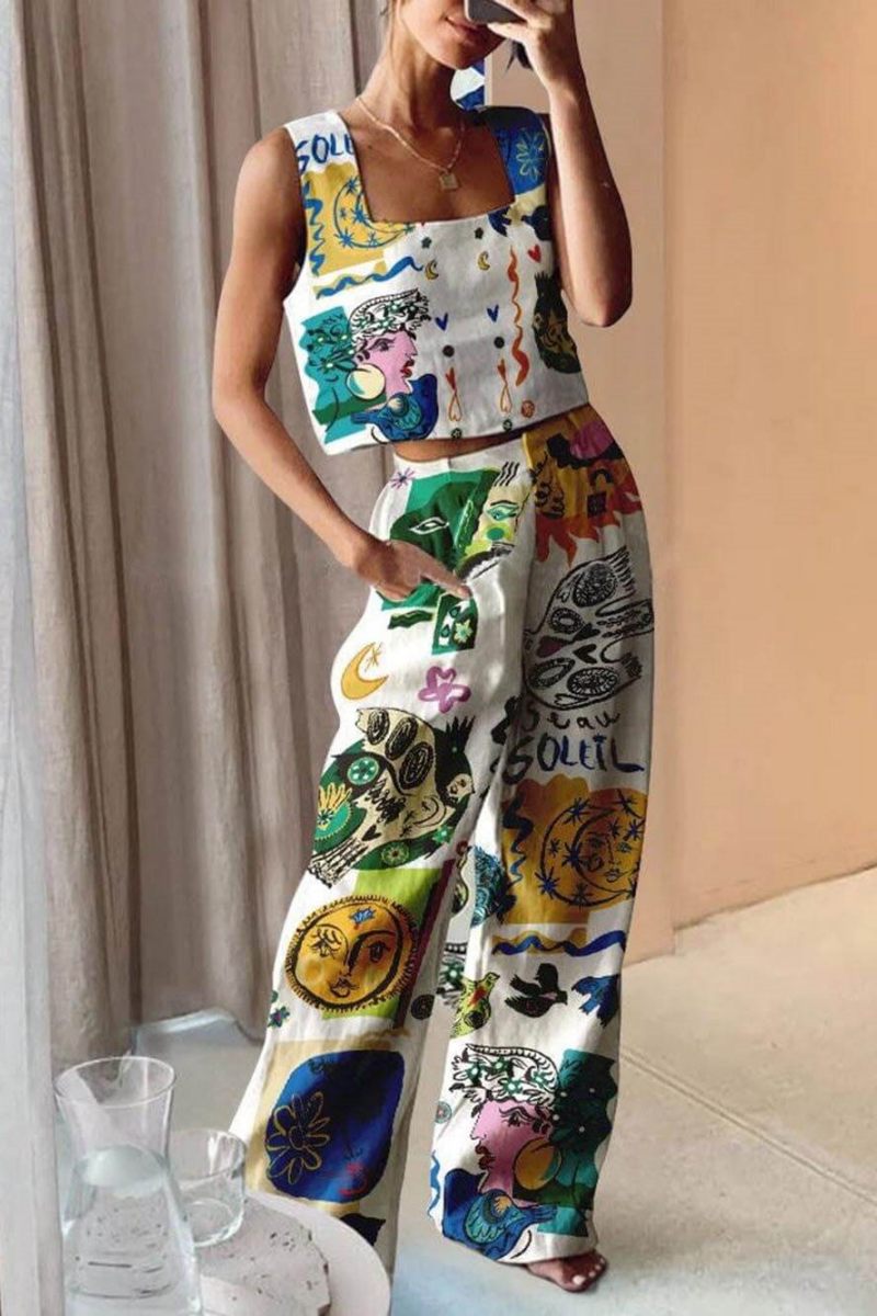 Einzigartiges Set mit bedrucktem Tanktop und Hose mit elastischer Taille am Rücken
