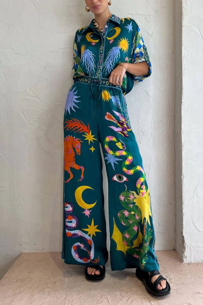 Einzigartiges Print-Hosenset mit elastischem Bund und Taschen und weitem Bein