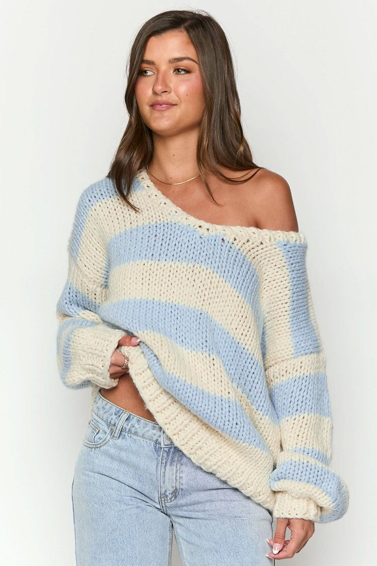 Off-shoulder gestreepte trui