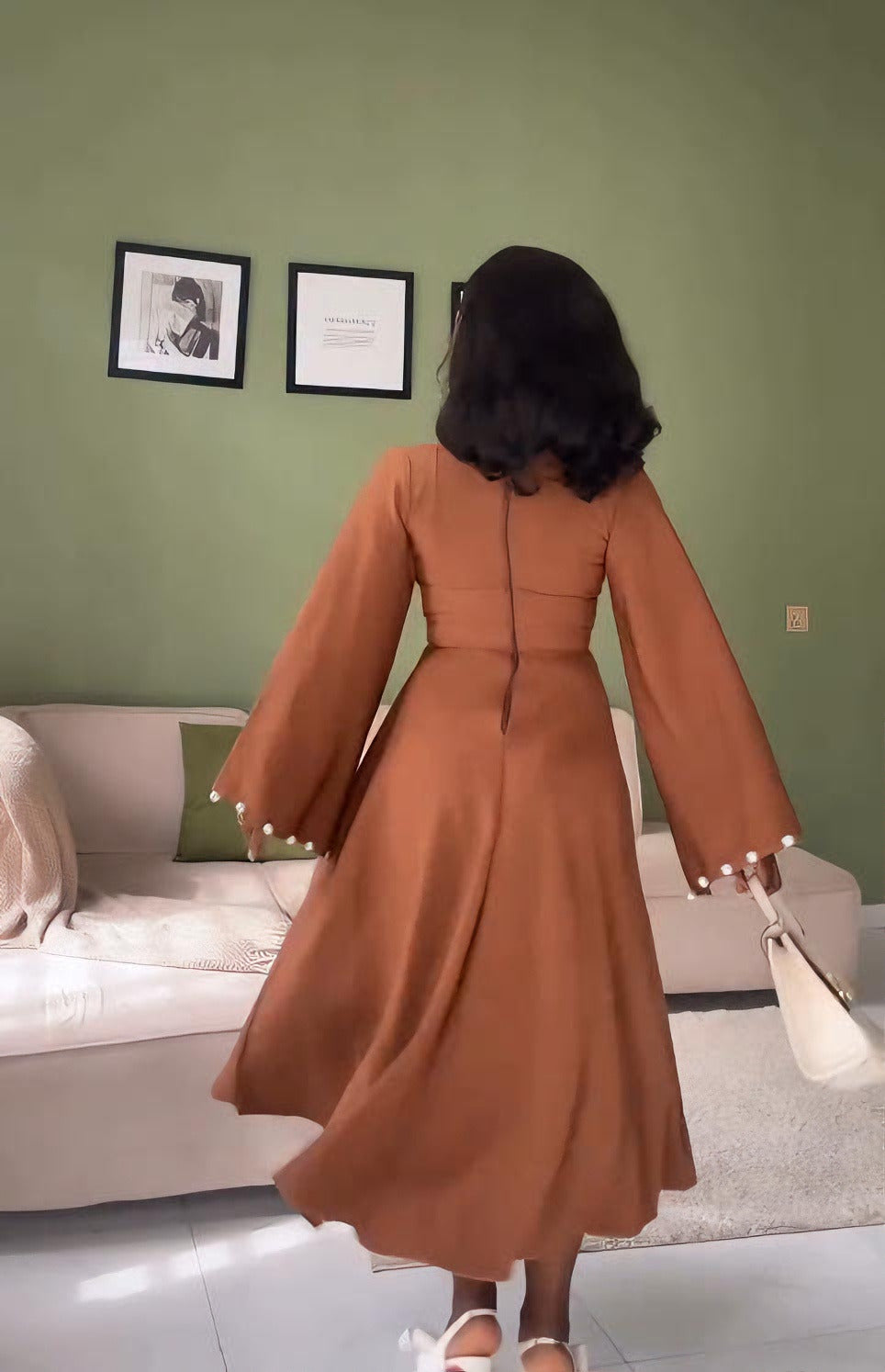 Pearl-Trimmed Asymmetric Pleated Midi Dress