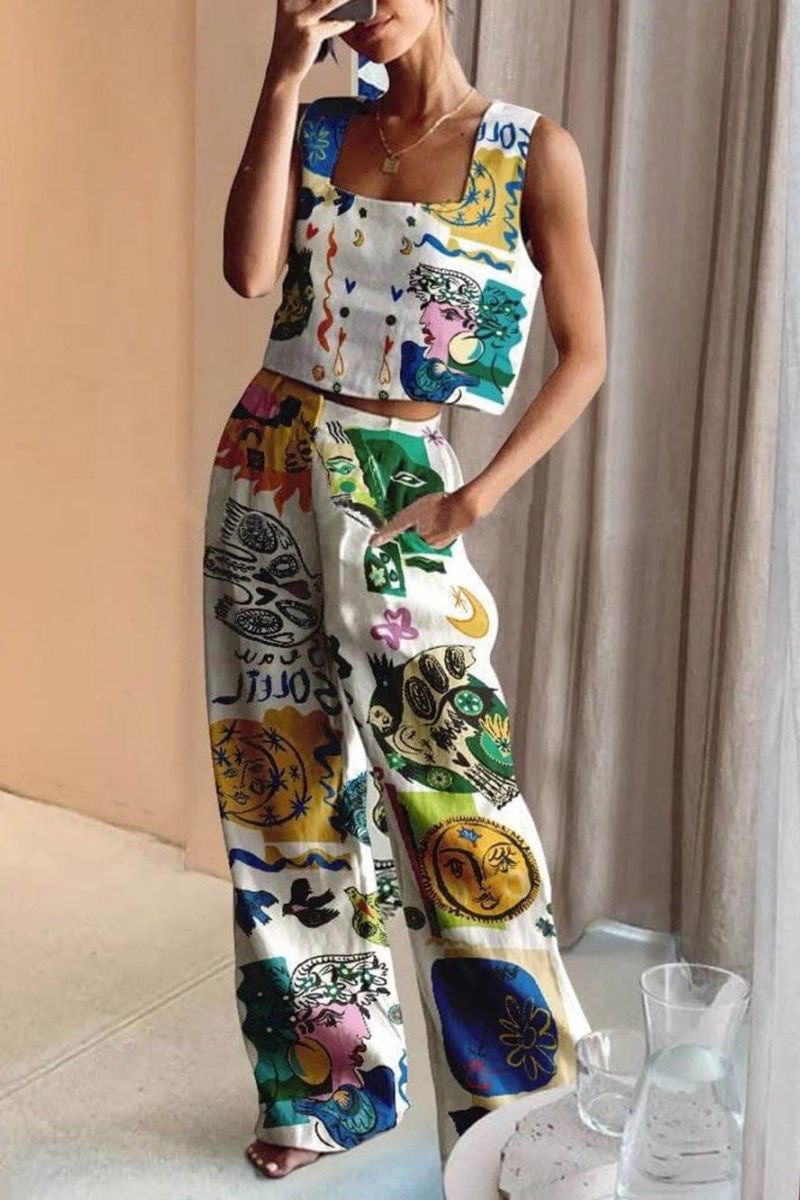 Einzigartiges Set mit bedrucktem Tanktop und Hose mit elastischer Taille am Rücken