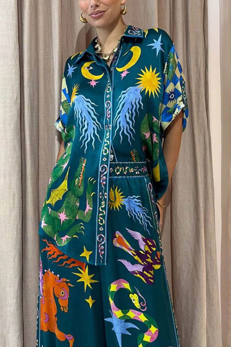 Einzigartiges Print-Hosenset mit elastischem Bund und Taschen und weitem Bein