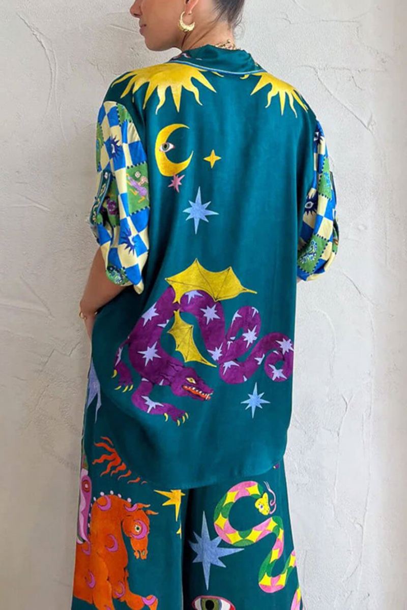 Einzigartiges Print-Hosenset mit elastischem Bund und Taschen und weitem Bein