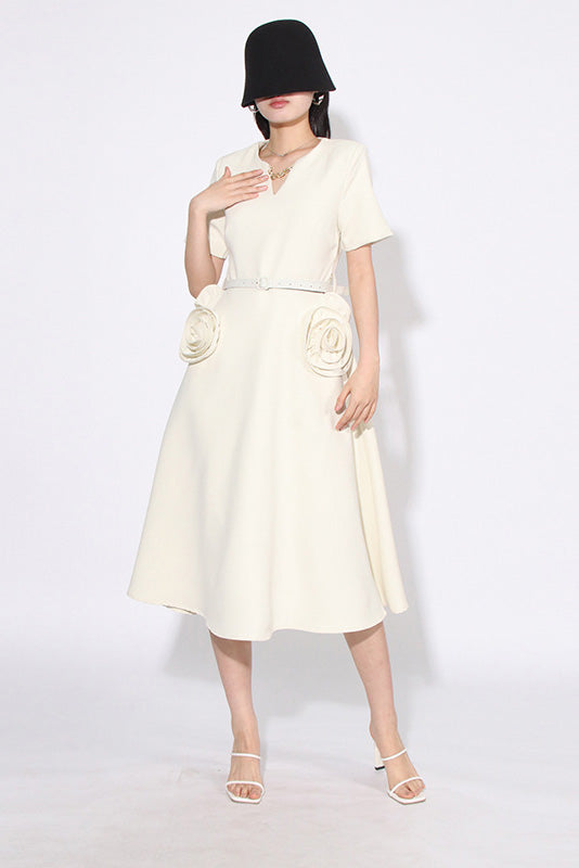 Grace Floral Appliqué Short Sleeve Midi Dress