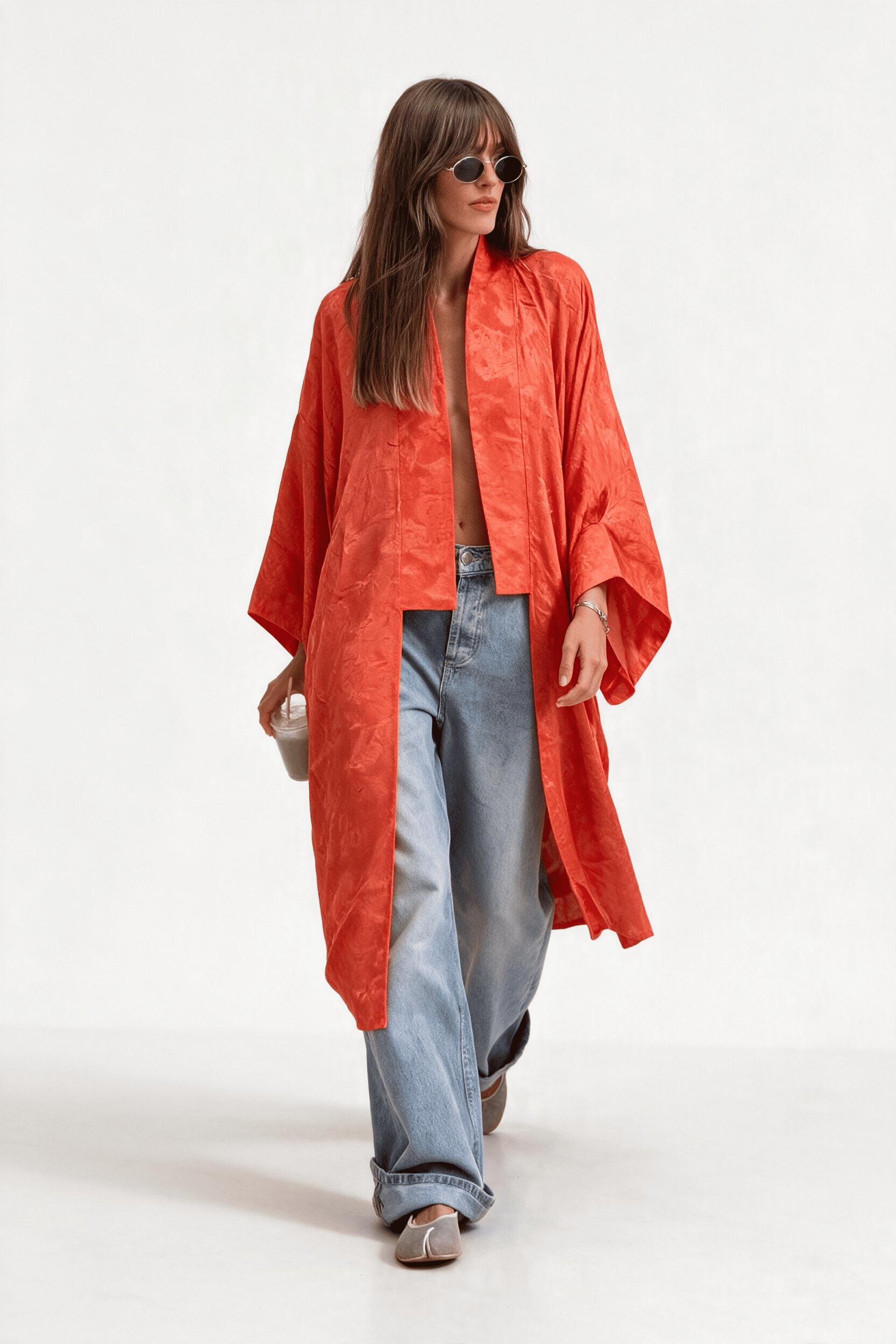 Cardigan kimono portocaliu jacquard