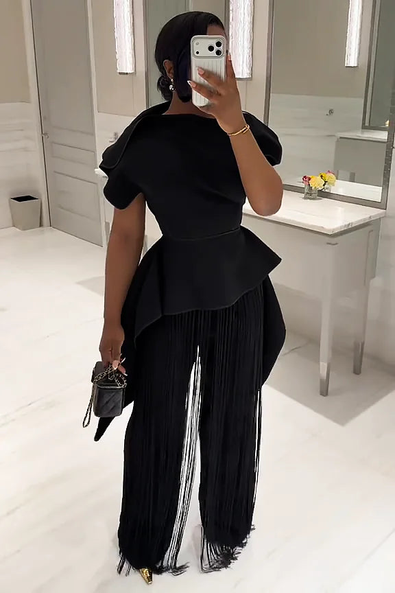 Fransen-Hose mit weitem Bein & strukturiertes Peplum-Oberteil Set
